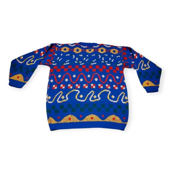 Vintage Marc Michel New York Sweater Men Blue Geometric Knit Pullover - Picture 2 of 12